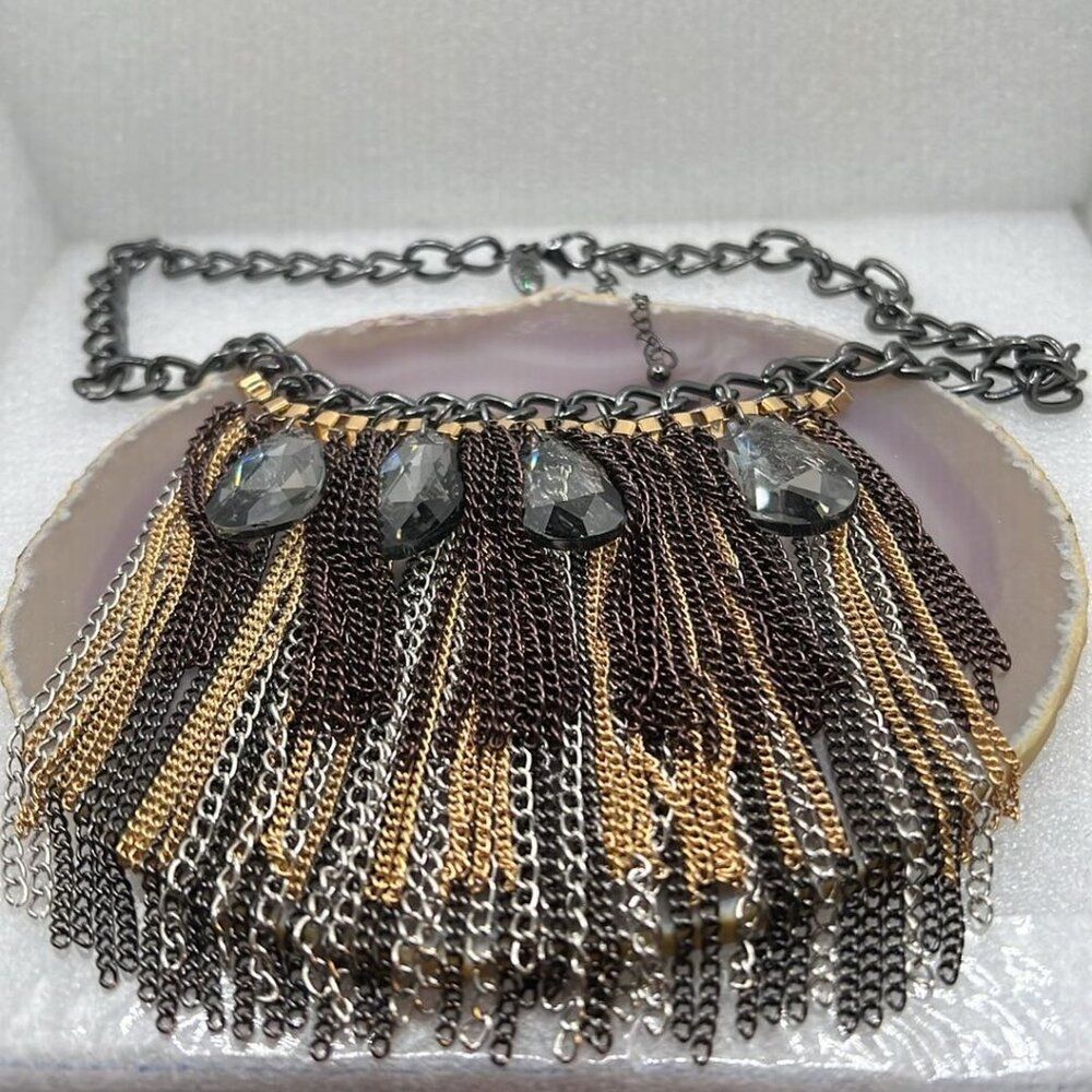 Charming Charlie Choker Necklace With Chain Fringe and Brown Crystal Accents